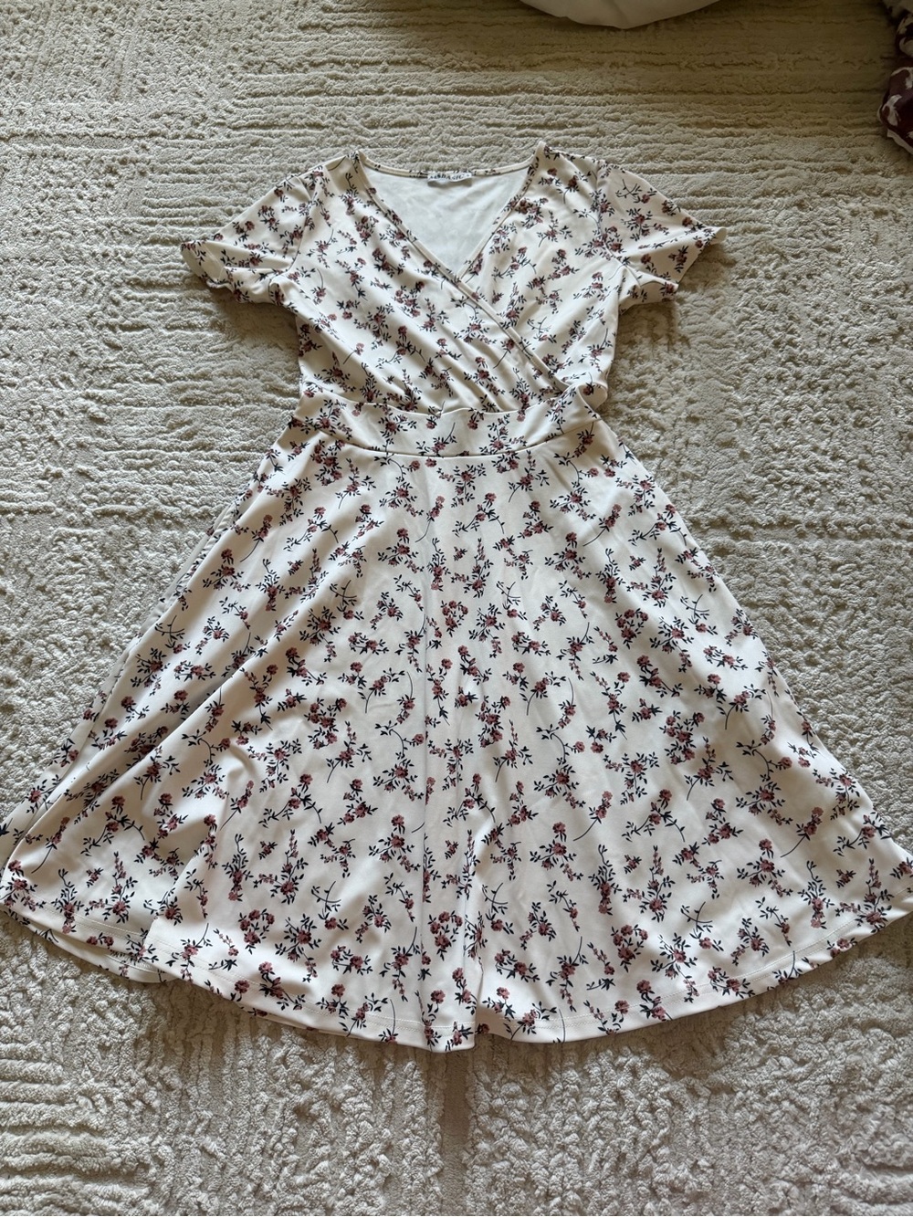 Floral Wrap-Style Cream Dress with Burgundy & Black Print - Picture 1 of 5